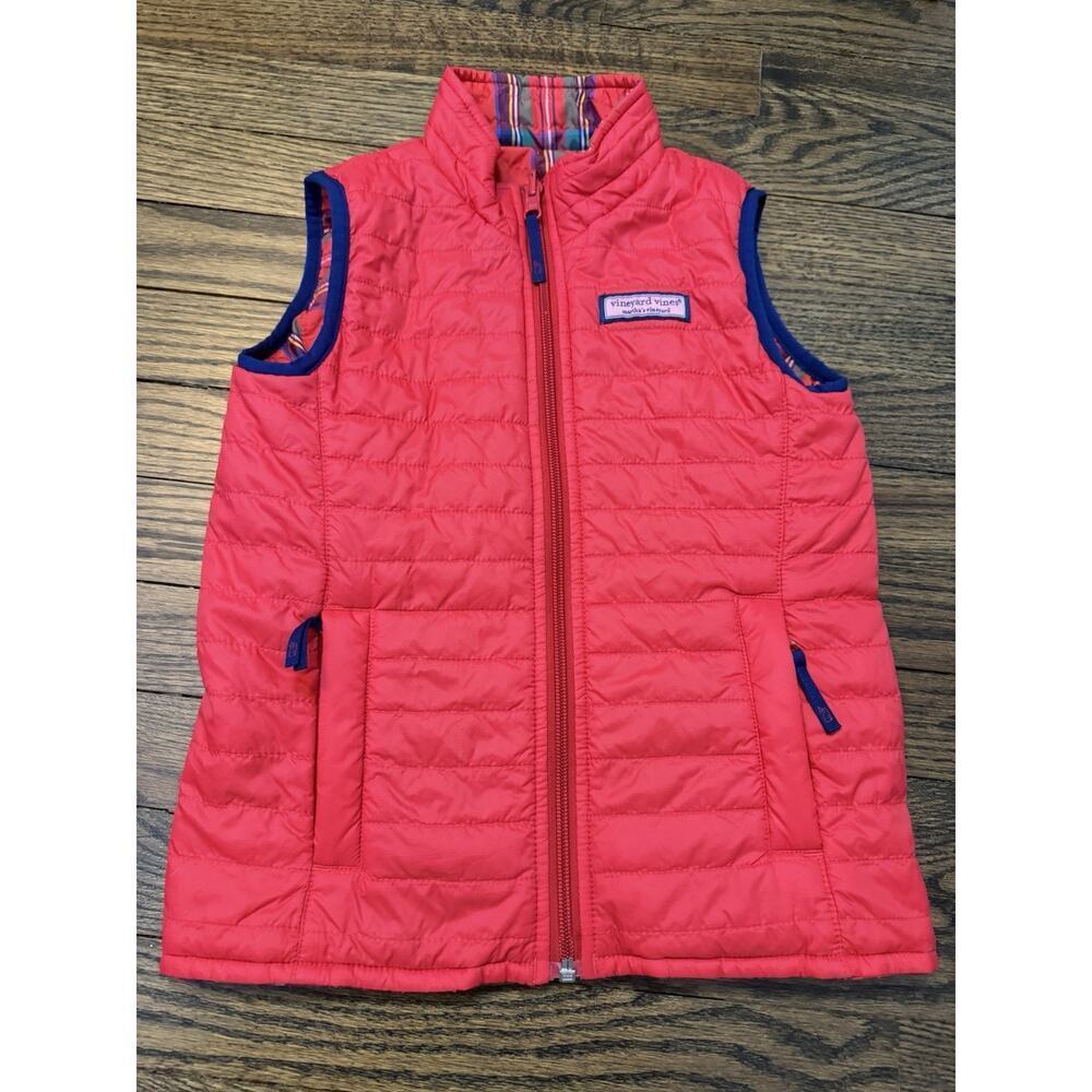 Vineyard Vines Mountain Puffer Vest Girls Sz XS 5/6 Red Plaid Reversible Zip